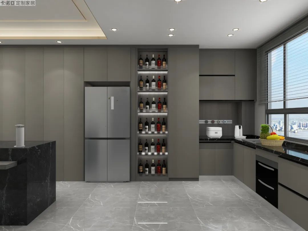 另一側(cè)櫥柜內(nèi)嵌洗碗機(jī)，安裝高度適中方便操作